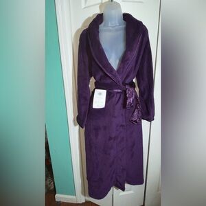 Oscar De La Renta Plush Fleece New Spa Robe Satin Trim S-M Midi Purple  AA19